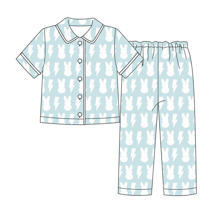 Preorder (moq 8)Baby Boys Rabbits Lights Button Top Pants Easter Pajamas Sets 9.15