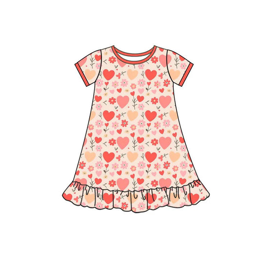 Preorder(moq 5) Baby Girls Short Sleeve Peach Hearts Flowers Valentine Ruffle Knee Length Dresses 10.10