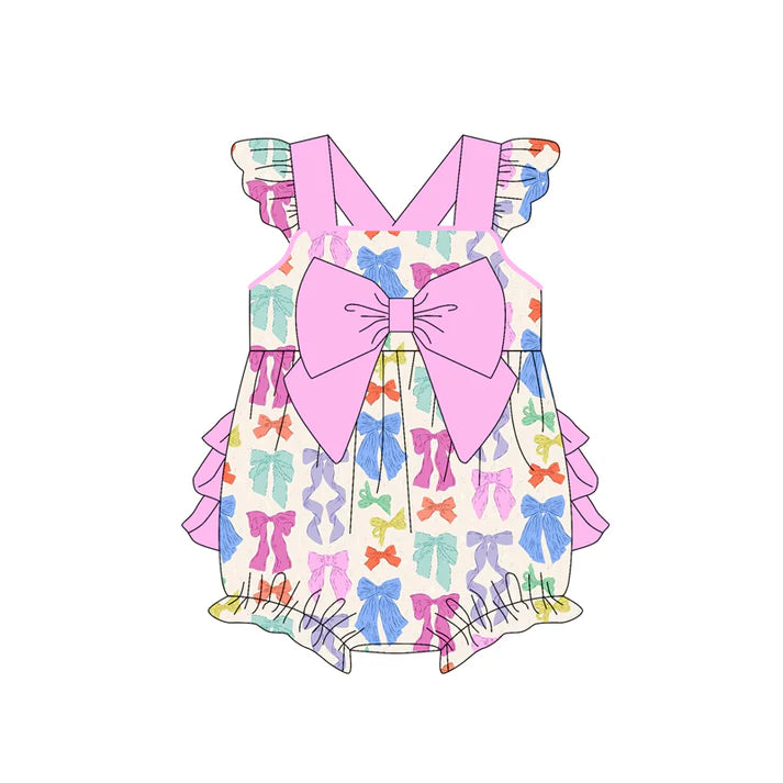 Preorder (moq 5)Baby Girls Pink Flutter Sleeves Colorful Bows Ruffle Bubble Rompers 4.28