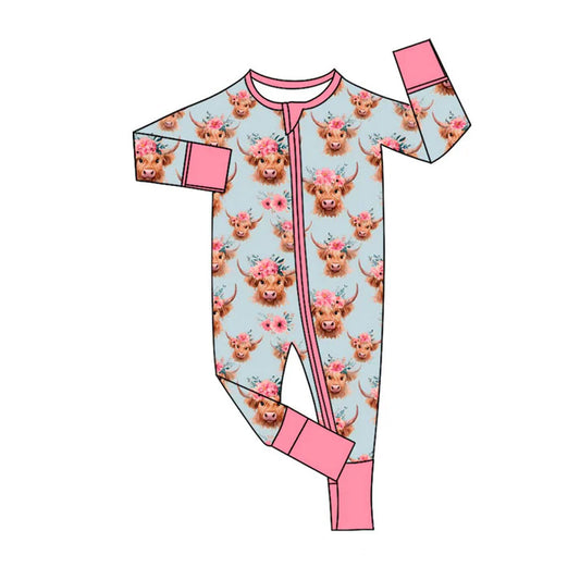 Preorder (moq 5)Baby Girls Pink Flowers Highland Cows Western Rompers 11.19