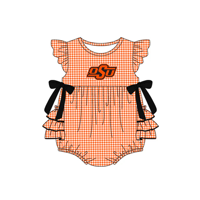 Preorder moq 5 Baby Girls Orange Plaid Flutter Sleeves Bows OSU Team Rompers 7.10