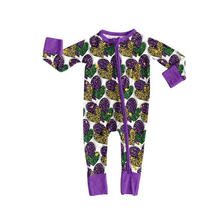 Preorder (moq 8)Baby Girls Leopard Hearts Mardigras Zipper Footie Rompers 9.9