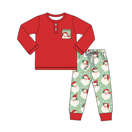 Preorder (moq 5)Baby Boys Red Long Sleeves Button Pocket Top Santa Stars Legging Pant Set 5.27