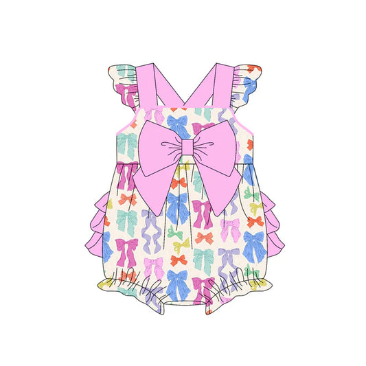 Preorder (moq 5)Baby Girls Pink Flutter Sleeves Colorful Bows Ruffle Bubble Rompers 5.14