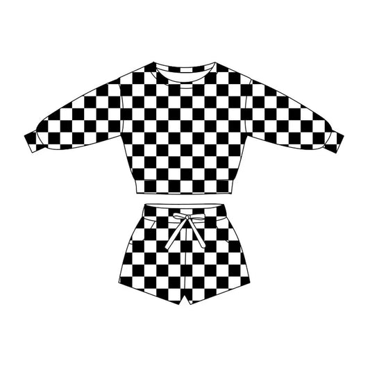 Preorder(moq 5) Baby Girls Black Checked Long Sleeve Pockets Shorts Clothes Sets 10.27
