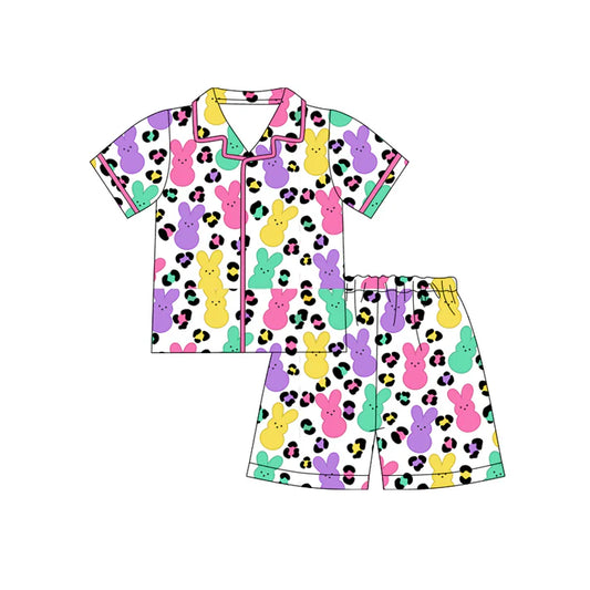 Preorder (moq 5)Baby Girls Colorful Rabbits Leopard Button Top Shorts Easter Pajamas Sets 12.12