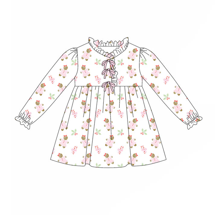 preorder(moq 5) Baby Girls Long Sleeves Pink Gingerbread Holly Plaid Knee Length Dress 7.25