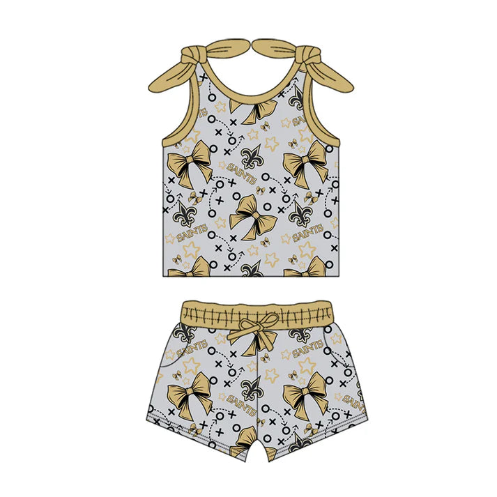 Preorder MOQ 5 pcs sleeveless khaki bow kids girls team outfits 8.28