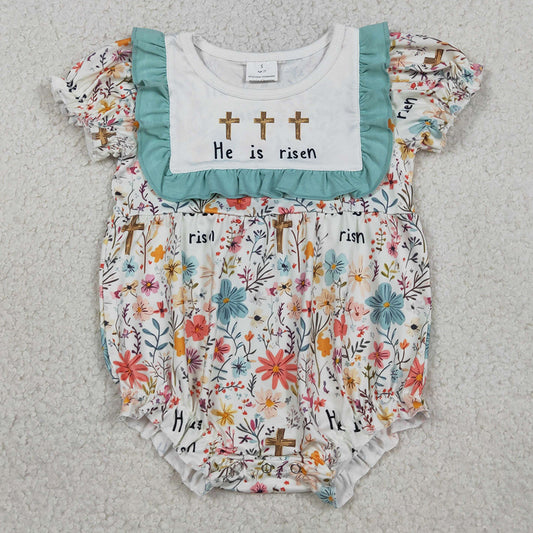 Baby Girls Rompers Crosses He is Risen Flowers Easter Ruffle Rompers SR3861