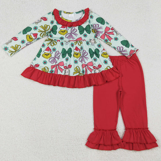 Baby Girls Clothes Christmas Bows Plaid Green Faces Tunic Tops Ruffle Pants Sets GLP2651 9.13
