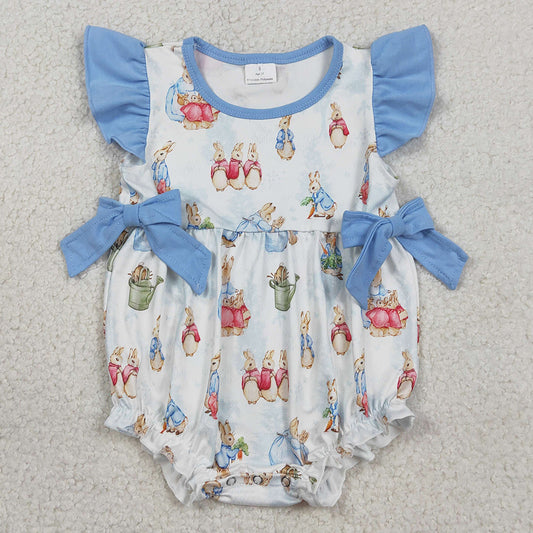 Baby Girls Rompers Flutter Sleeve Rabbits Bows Easter Ruffle Rompers SR3833