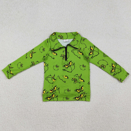 Baby Kids Clothes Tops Green Face Pockets Zipper Christmas Pullovers Tops GT1170 9.13