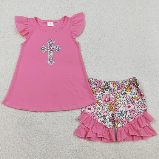 Baby Girls Clothes Embroidery Floral Crosses Tunic Ruffle Shorts Easter Clothes Sets GSSO3069 1.15