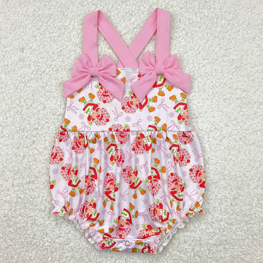 Baby Infant Girls Rompers Pink Bows Strap Bows Strawberry Ruffle Rompers SR2933 4.21