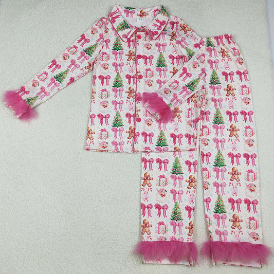 Adult Women Pajamas Bows Gingerbread Trees Button Top Pants Christmas Fur Pajamas Sets GLP2717 9.13