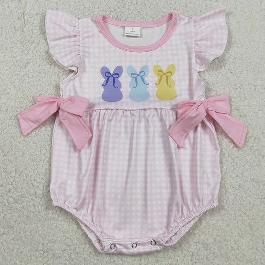 Baby Girls Rompers Pink Checked Rabbits Bows Easter Ruffle Rompers SR3767 1.15