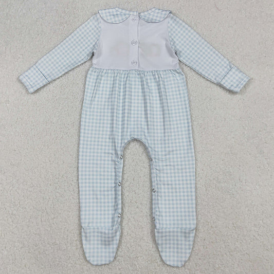 Baby Girls Rompers Embroidery Pumpkins Blue Plaid Fall Footed Rompers LR2560 9.13