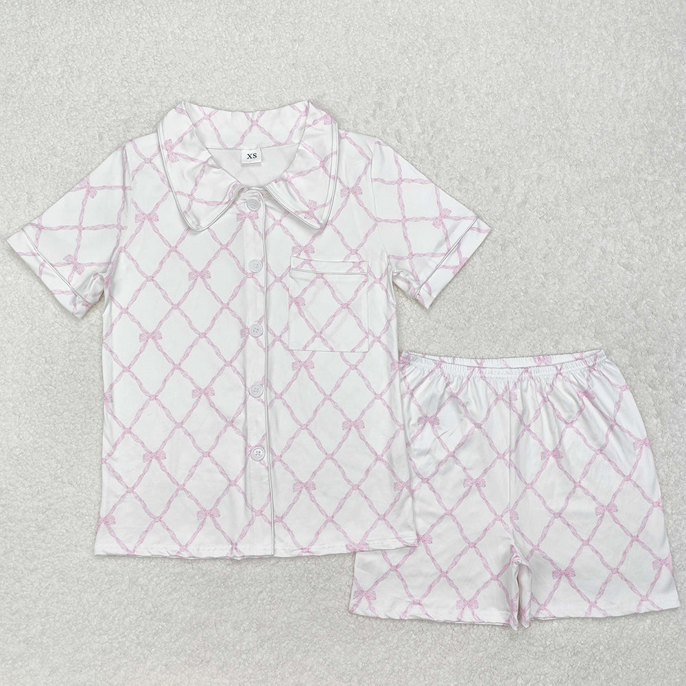 Adult Women Pajamas Pink Bows Buttons Tops Shorts Pajamas GSSO1708