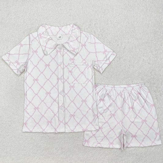 Adult Women Pajamas Pink Bows Buttons Tops Shorts Pajamas GSSO1708