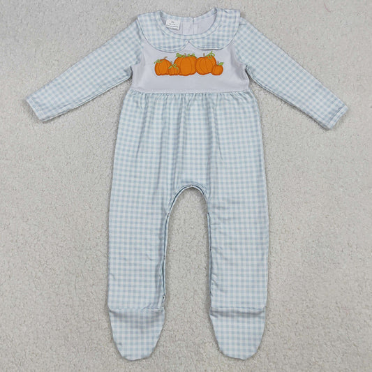 Baby Girls Rompers Embroidery Pumpkins Blue Plaid Fall Footed Rompers LR2560 9.13