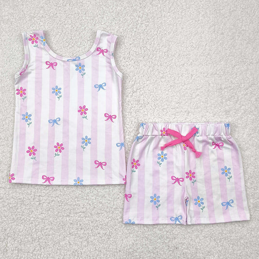 Baby Girls Clothes Pink Stripe Sleeveless Bows Flowers Top Shorts Sets GSSO2476 4.21