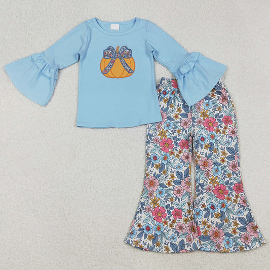 Baby Girls Clothes Floral Pumpkins Embroidery Top Bell Bottom Pant Sets GLP2596 9.13