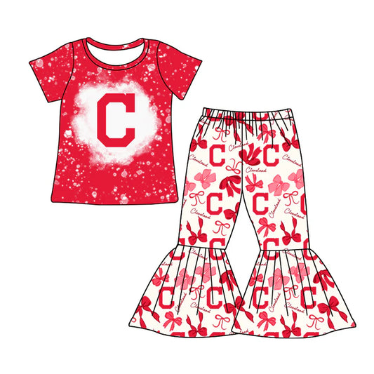 Preorder MOQ 5 bleached red C top bow pants girls team clothes 8.21