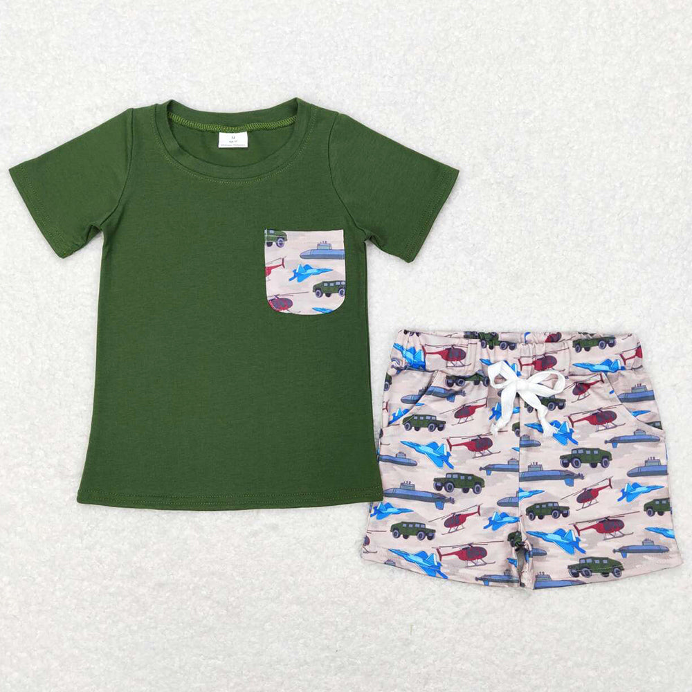 Baby Boys Clothes Green Army Pocket Tee Shirt Top Shorts Sets BSSO0338