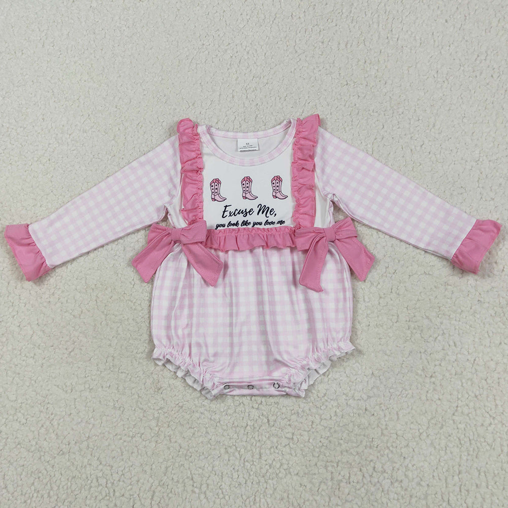 Baby Infant Girls Rompers Pink Plaid Boots Bows Rompers LR2190 5.22