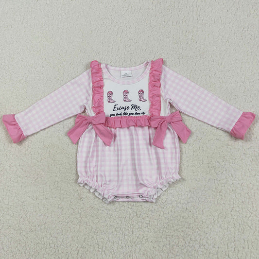 Baby Infant Girls Rompers Pink Plaid Boots Bows Rompers LR2190 5.22