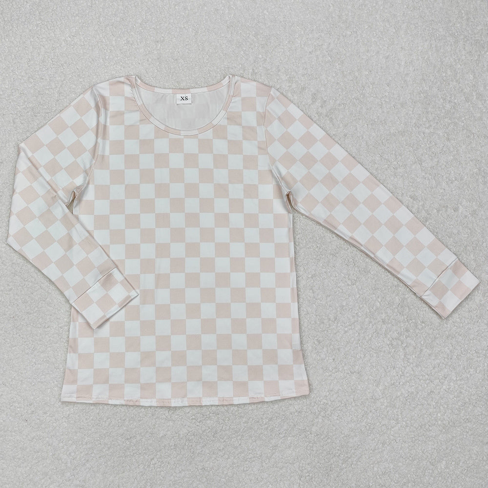 Adult Women T-shirts Pink Checkered Long Sleeve Shirts Tops GT0906