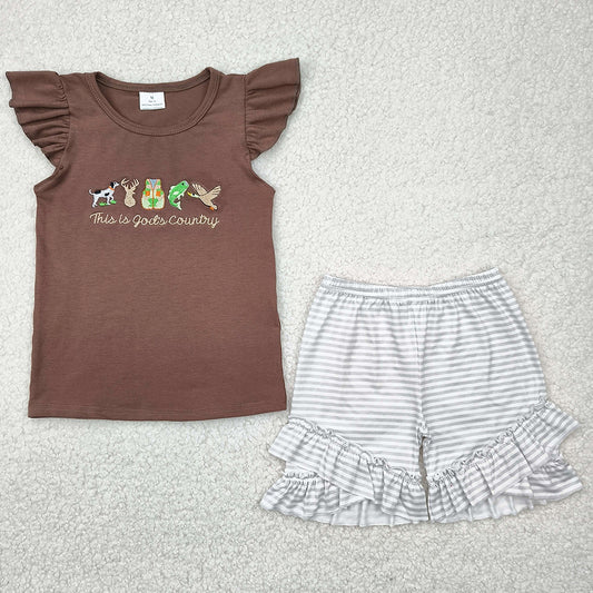 Embroidery Baby Girls Clothes Brown Gods Country Top Ruffle Stripe Shorts Sets GSSO2353 4.21