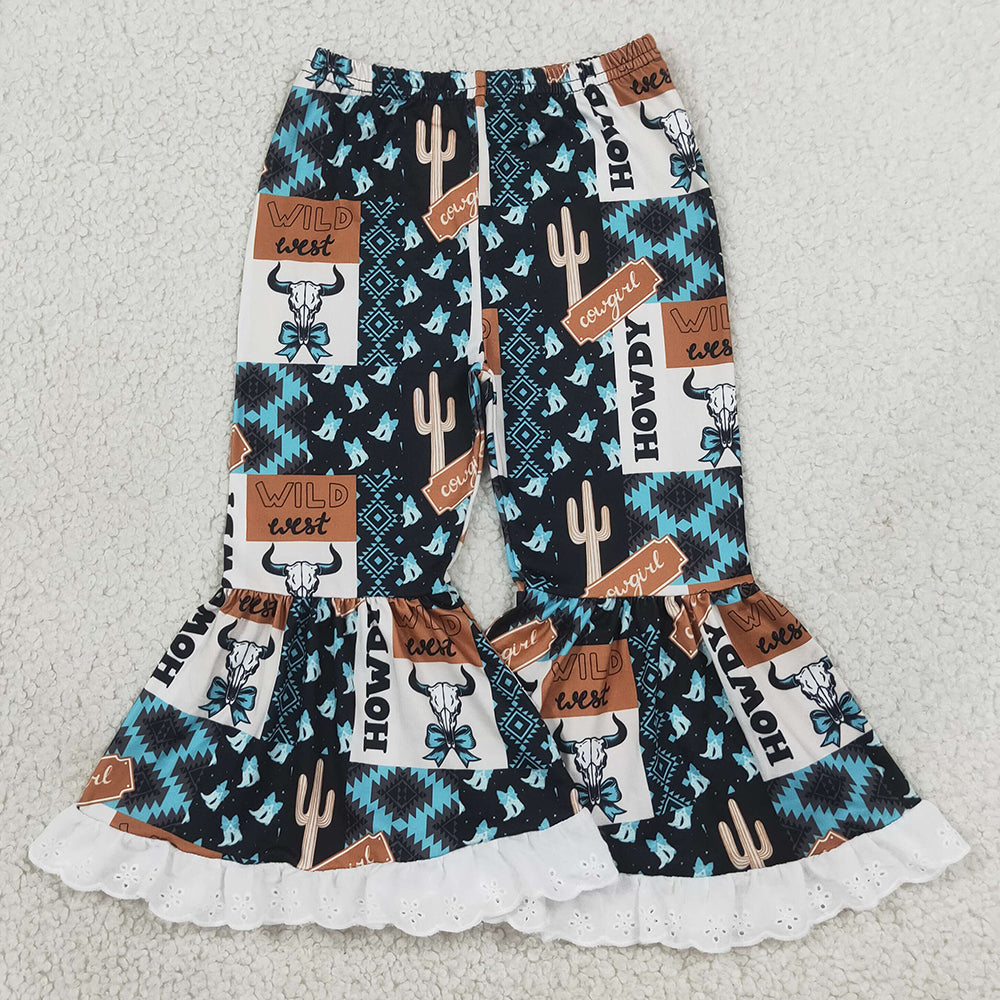 Baby Girls Pants Bow Bull Skulls Turquoises Western Ruffle Bell Bottom Pants P0781