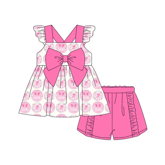 Preorder (moq 5)Baby Girls Pink Flutter Sleeves Smiles Bows Tunic Ruffle Short Set 5.13