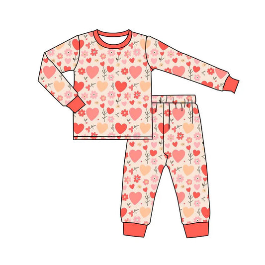 Preorder(moq 5) Baby Girls Peach Hearts Flowers Top Pants Valentine Pajamas Sets 10.10
