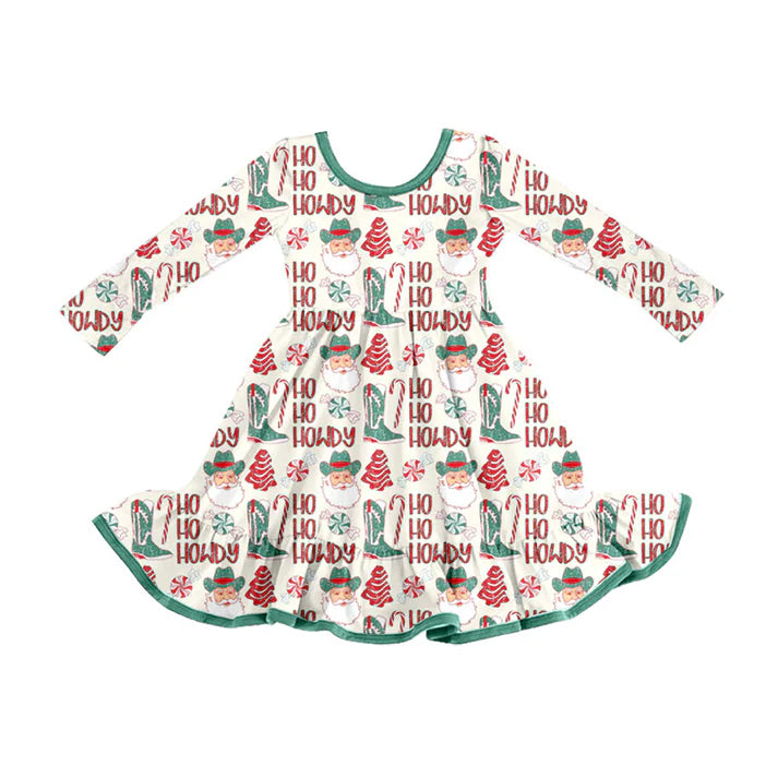 Preorder (moq 5)Baby Girls Santa Howdy Trees Christmas Ruffle Knee Length Dresses 9.4