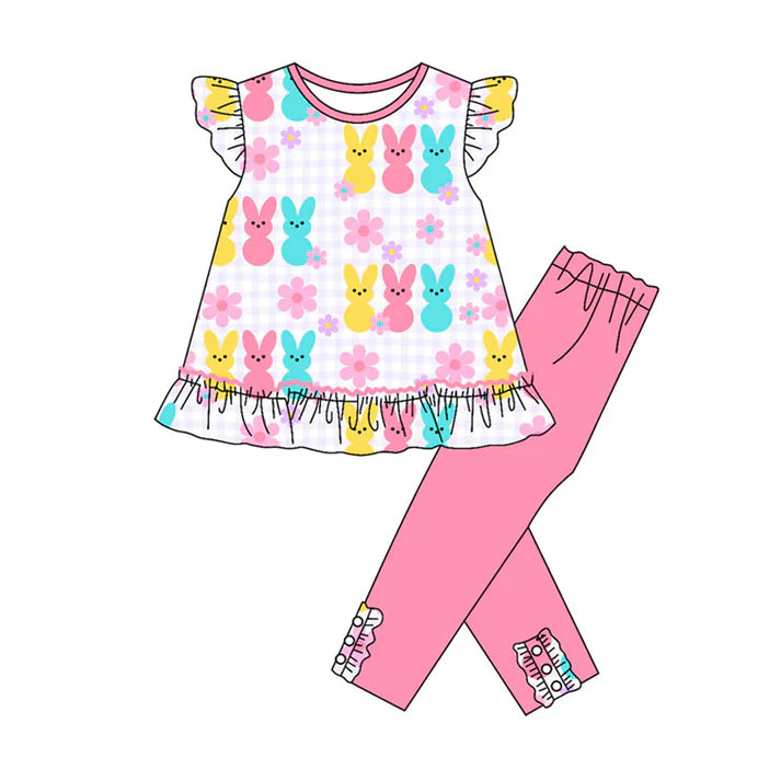 Preorder(moq 8)Baby Girls Colorful Rabbits Flowers Tunic Leggings Easter Clothes Sets 9.27