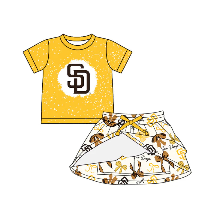 Preorder (moq 5)Baby Girls Yellow Short Sleeves SD Top Bows Plaid Skorts Team Set 6.19