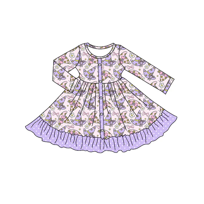 Preorder moq 5 Baby Girls Long Sleeves Lavender Magic Hats Button Ruffle Knee Length Dresses 5.7
