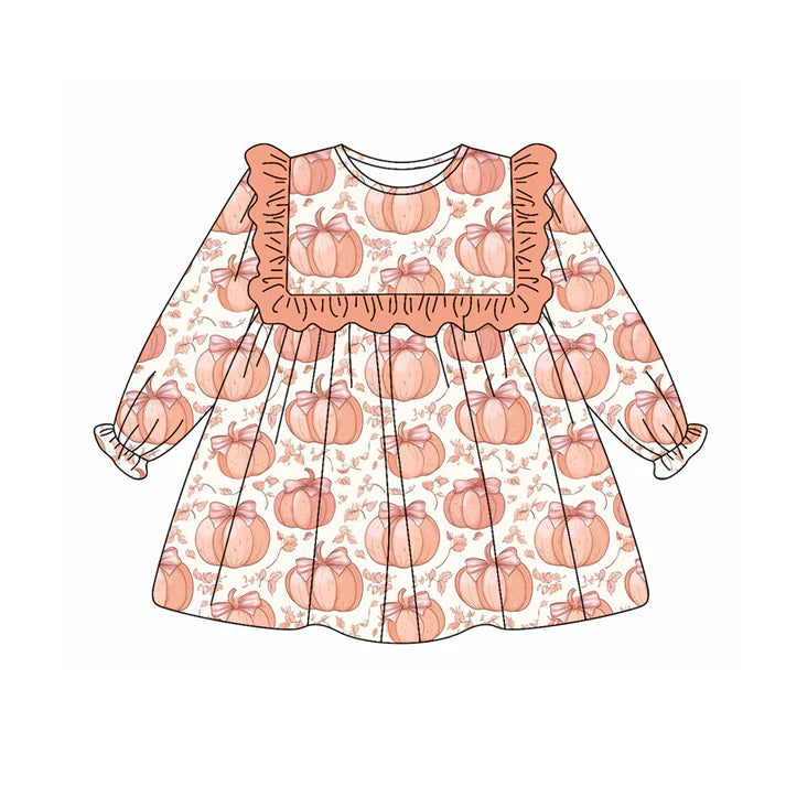 Preorder (moq 5)Baby Girls Long Ruffle Sleeves Peach Flowers Pumpkins Knee Length Dresses 6.12