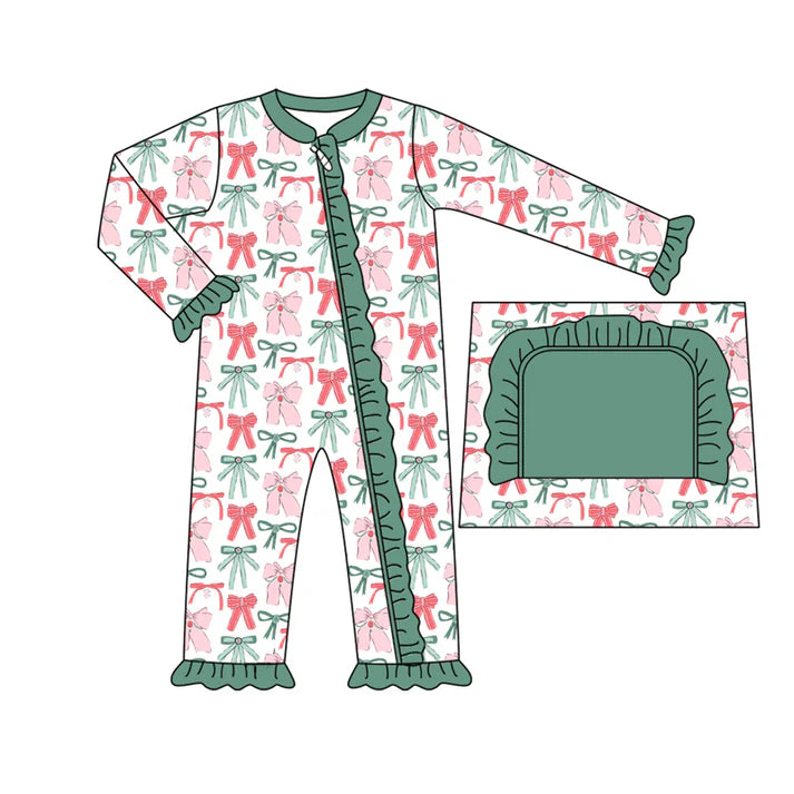 Preorder moq 5 Baby Infant Girls Long Sleeves Green Red Bows Plaid Ruffle Zipper Romper 7.14
