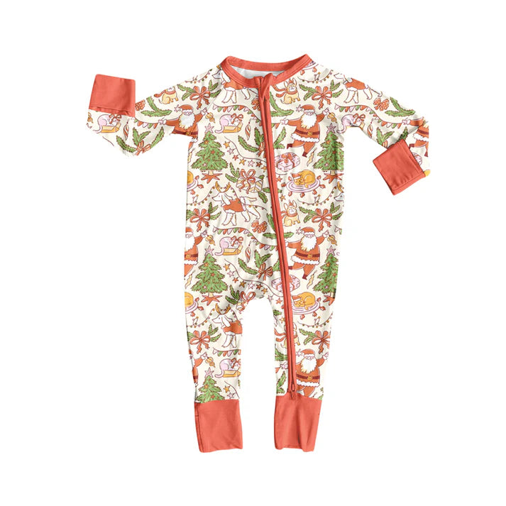 Preorder (moq 5)Baby Girls Long Sleeves Peach Santa Trees Zipper Romper 7.4
