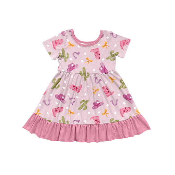 Preorder (moq 5)Baby Girls Cactus Hats Boots Western Ruffle Knee Length Dresses 11.26