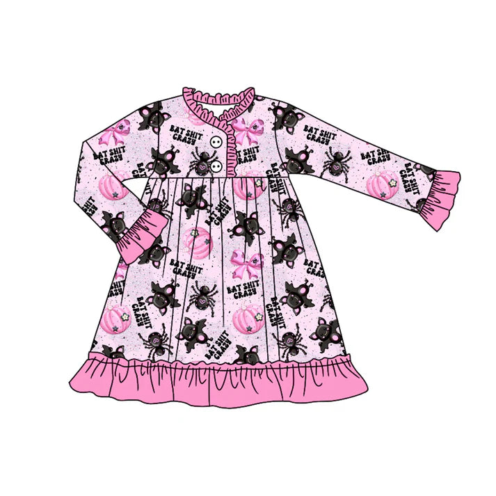 Preorder(moq 5) Baby Girls Long Ruffle Sleeves Bats Pumpkins Plaid Button Knee Length Dresses 7.24