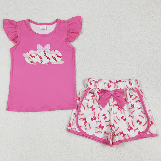 Baby Girls Clothes Pink Baseball Bows Shirts Bows Shorts Clothes Sets GSSO1685 3.3