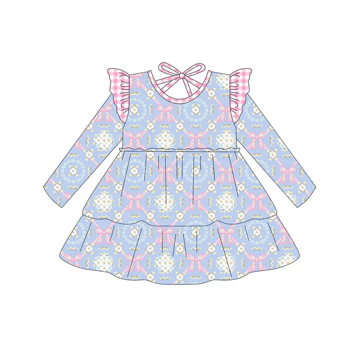 Preorder (moq 5)Baby Girls Light Blue Flowers Bows Plaid Knee Length Dresses 8.1