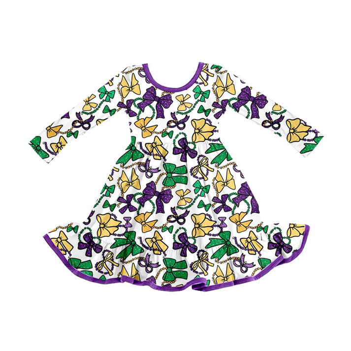 Preorder (moq 8)Baby Girls Purple Yellow Green Bows Mardigras Ruffle Knee Length Dress 9.9