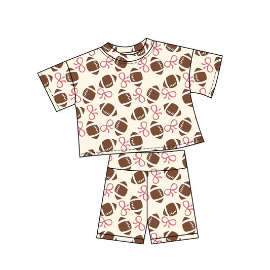 Preorder (moq 5)Baby Girls Pink Bows Footballs Plaid Top Shorts Team Clothes Sets 12.6