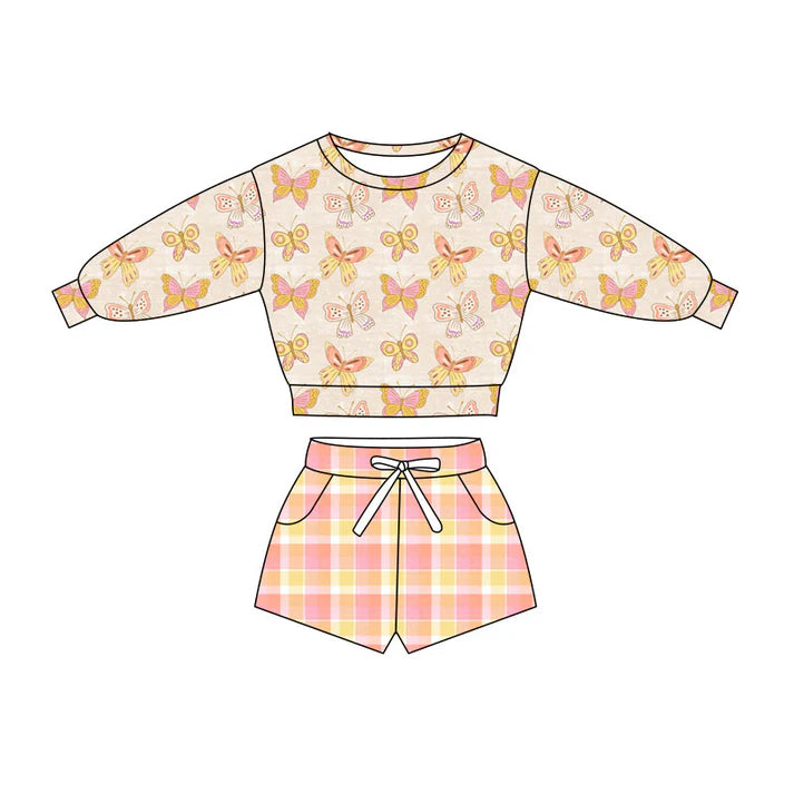 Preorder(moq 5) Baby Girls Butterfly Long Sleeve Checked Pockets Shorts Clothes Sets 10.27