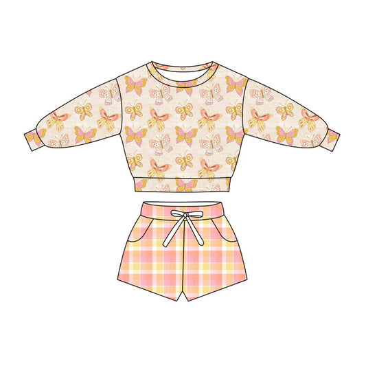 Preorder(moq 5) Baby Girls Butterfly Long Sleeve Checked Pockets Shorts Clothes Sets 10.27